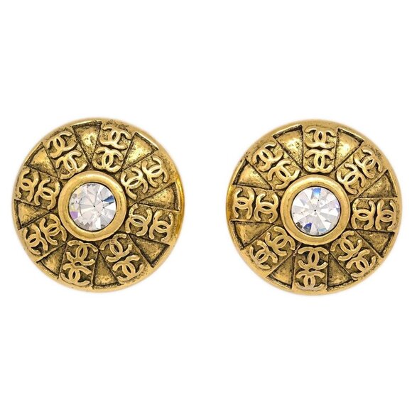 Chanel Gold Button Earrings Clip-On Rhinestone - Picture 1 of 4